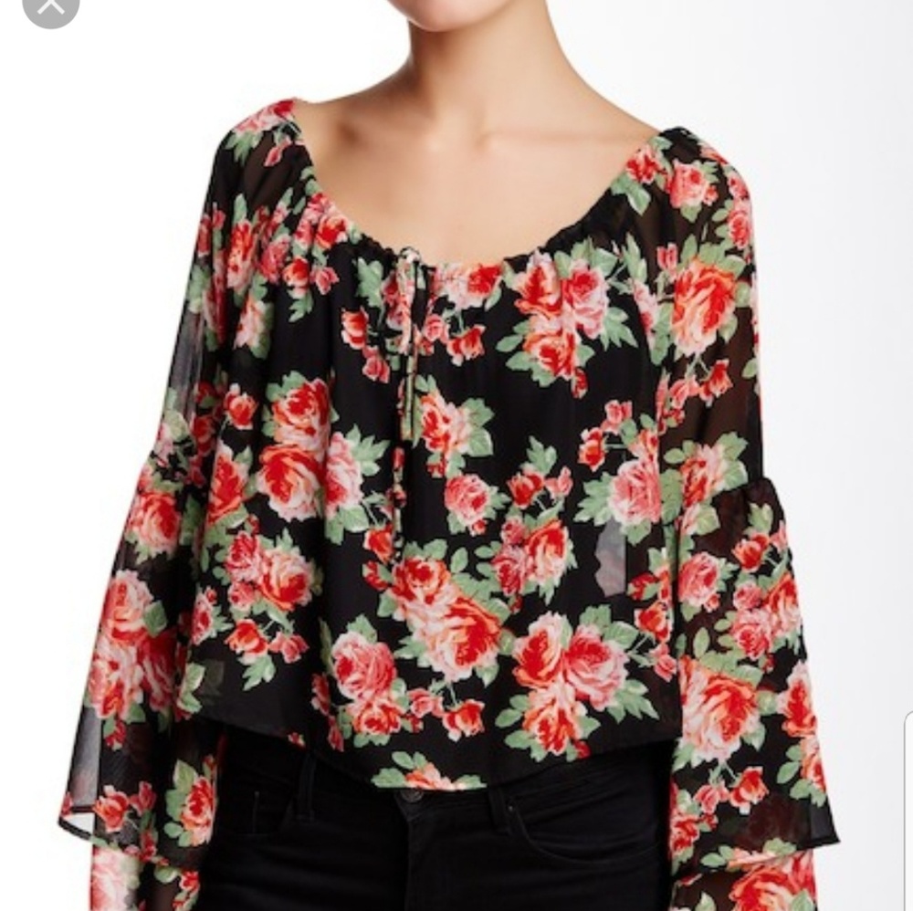 Free Press Long Sleeve Floral Ruffle Blouse XS